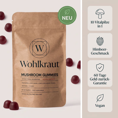 Wohlkraut Mushroom Gummies Beutel mit Gummis – 10 Vitalpilze in 1, Himbeer-Geschmack, 60 Tage Geld-zurück-Garantie, vegan